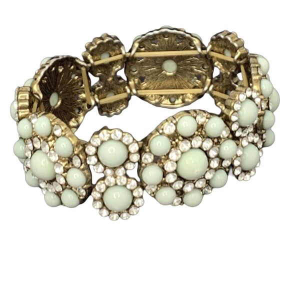 VTG Light Gray Flower Bracelet 6.5" Stretch Icy Rhinestone Formal Cottagecore - Picture 3 of 6